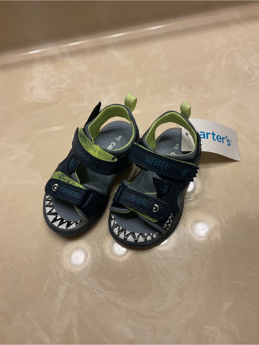 Carter's Light-Up Sole Navy and Lime Shark-Print Toddler Sandals